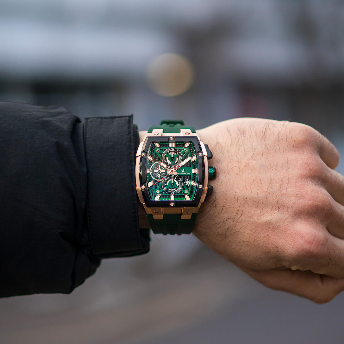 The Polaris Chrono Hunter Green watch lifestyle shot alternate