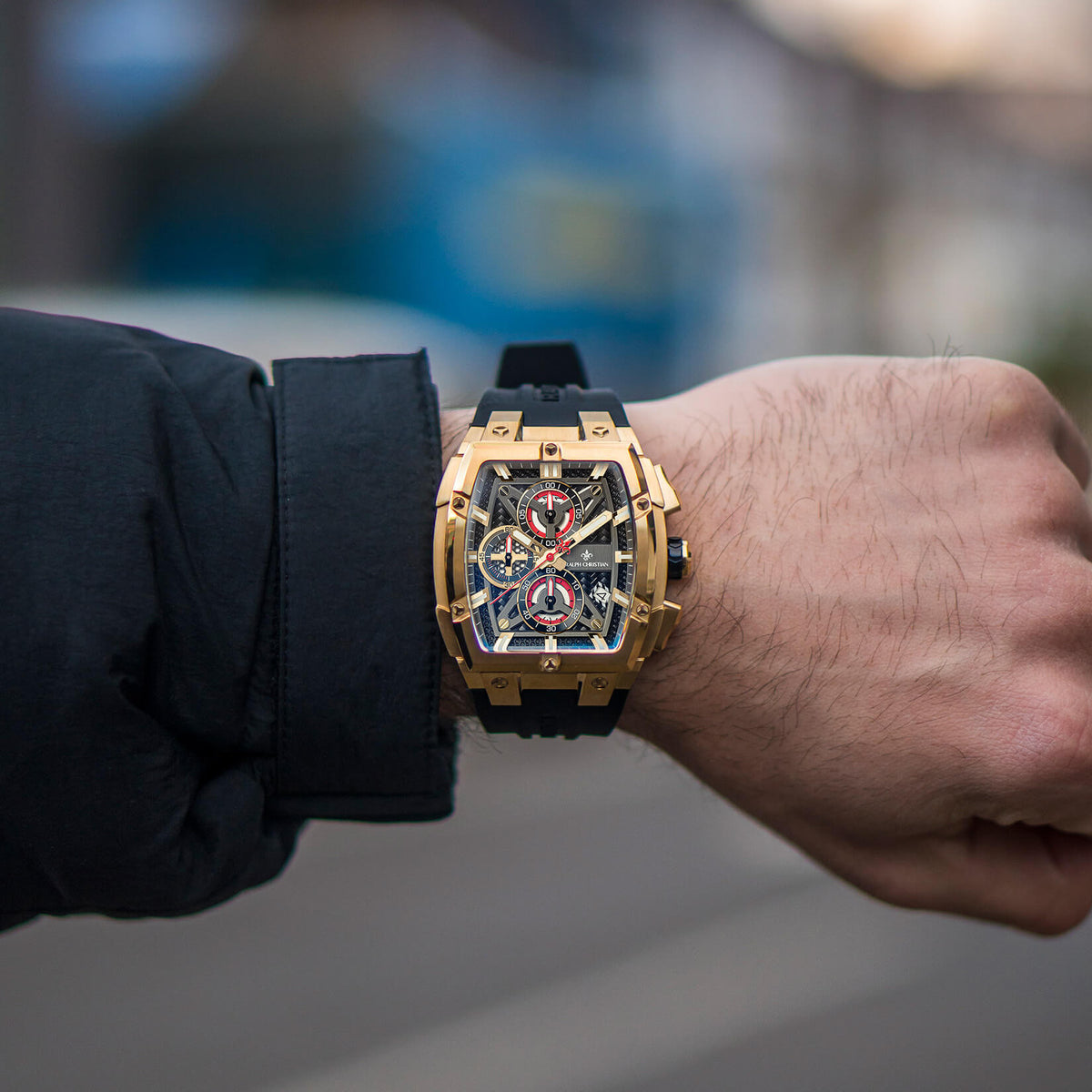 The Polaris Chrono Obsidian Black watch lifestyle shot second