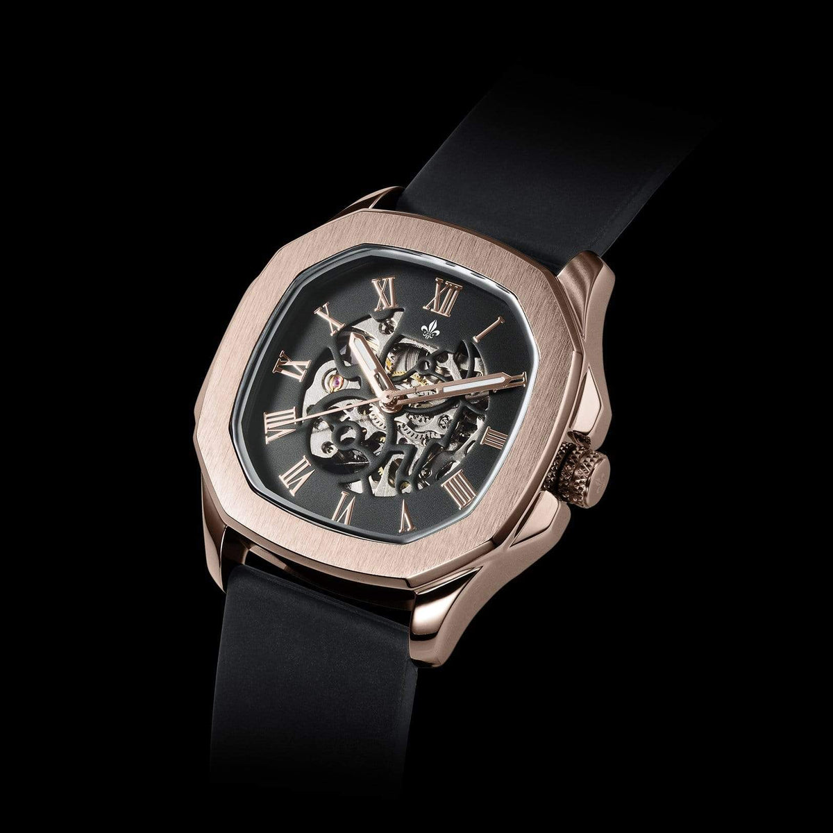 The Avalon Rose Gold watch with black strap detail