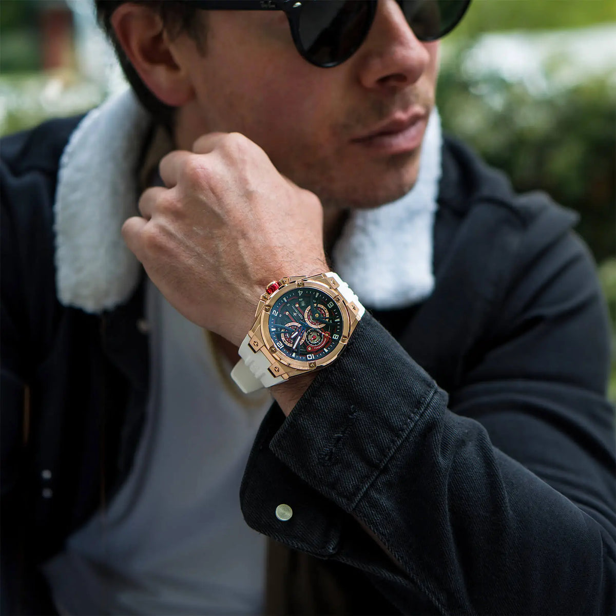 The Apex Chrono Polar White watch worn on the wrist alternate