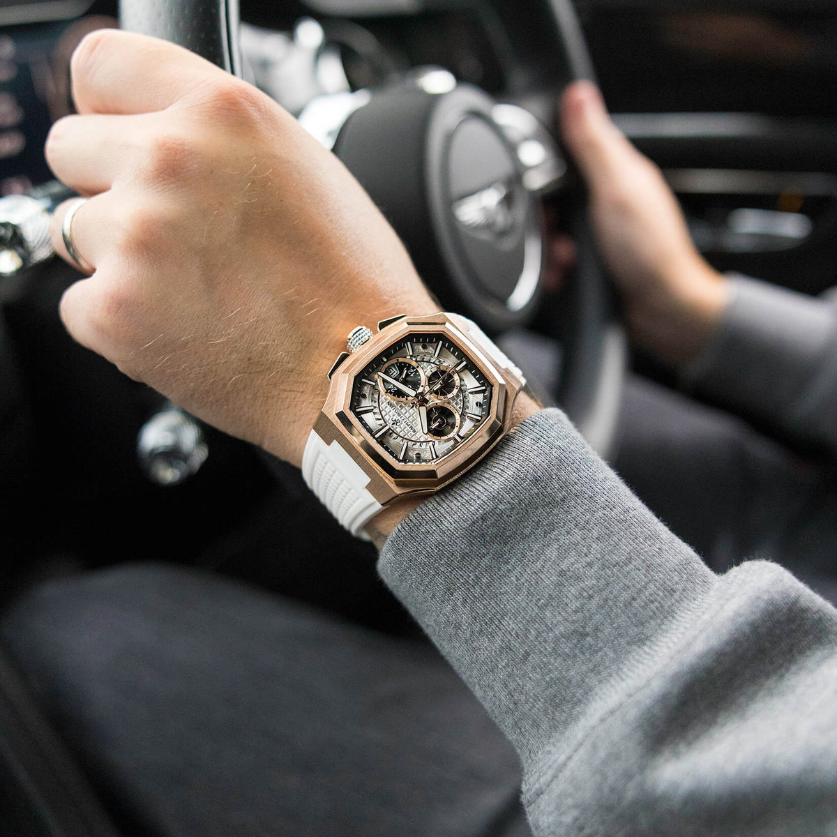 The Equinox Chrono Alpine Rose watch lifestyle shot