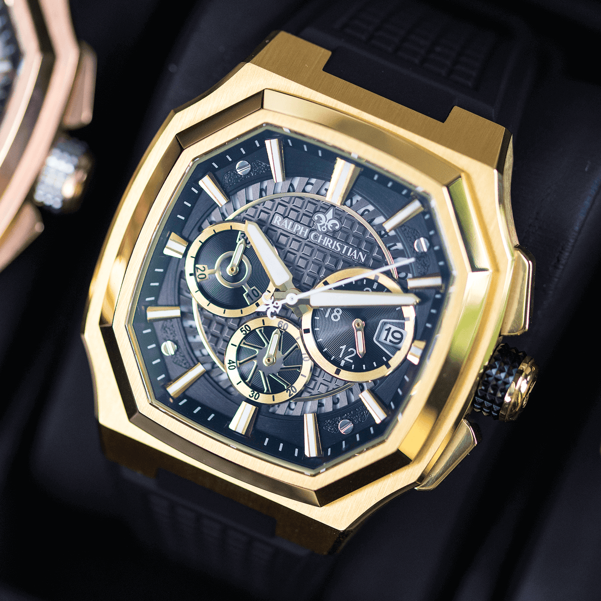 The Equinox Chrono Golden Eclipse watch close-up detail