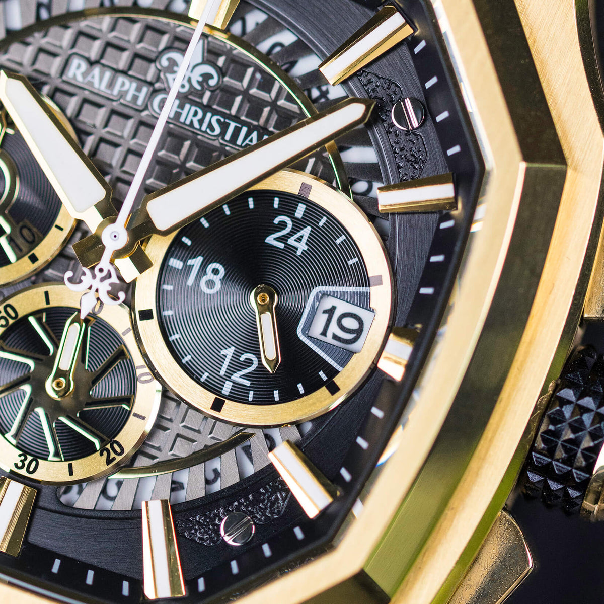 The Equinox Chrono Golden Eclipse watch close-up detail alternate