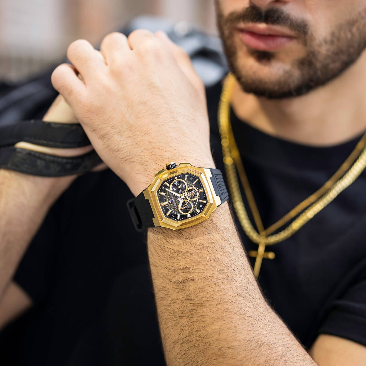 The Equinox Chrono Golden Eclipse watch lifestyle shot second