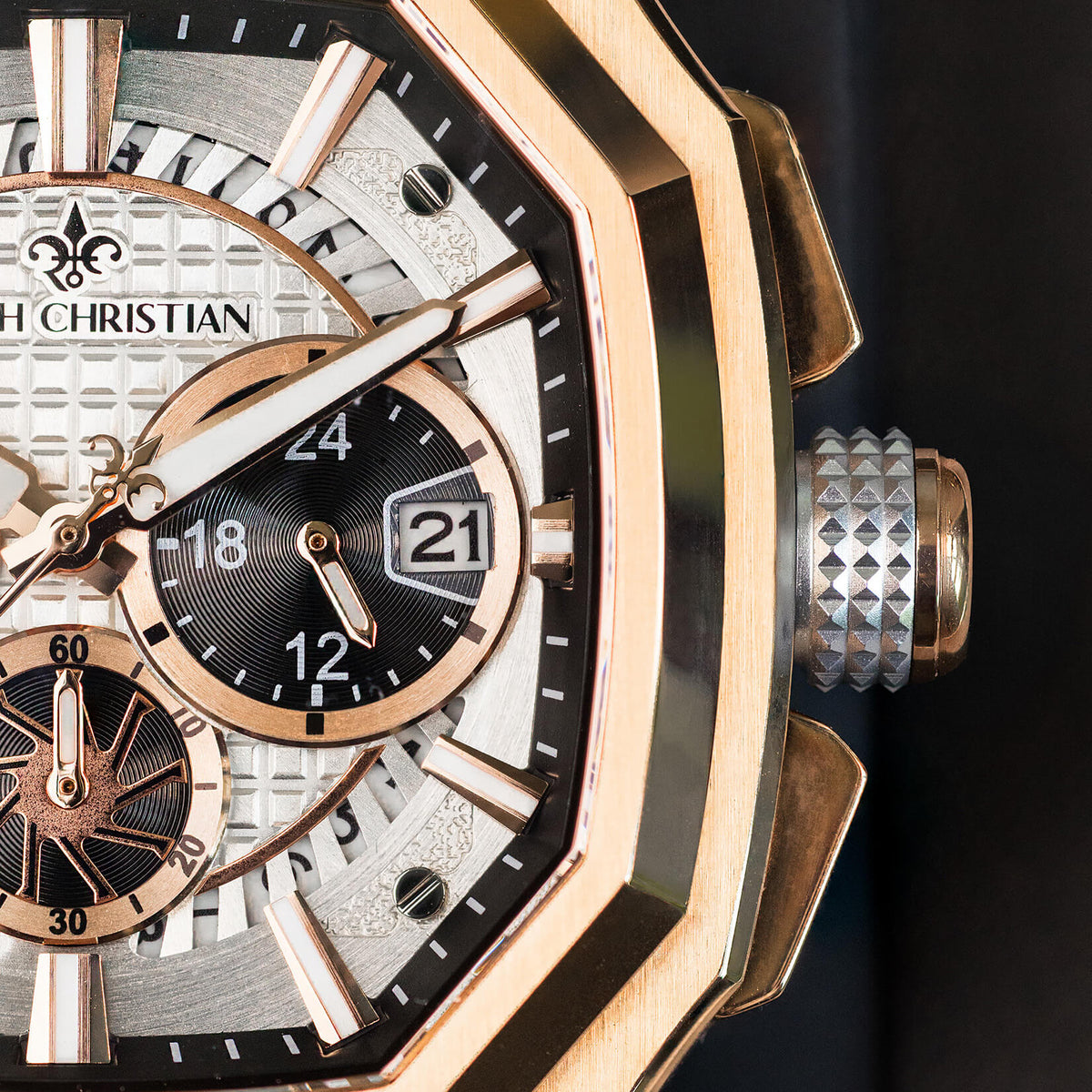 The Equinox Chrono Alpine Rose watch close-up detail alternate