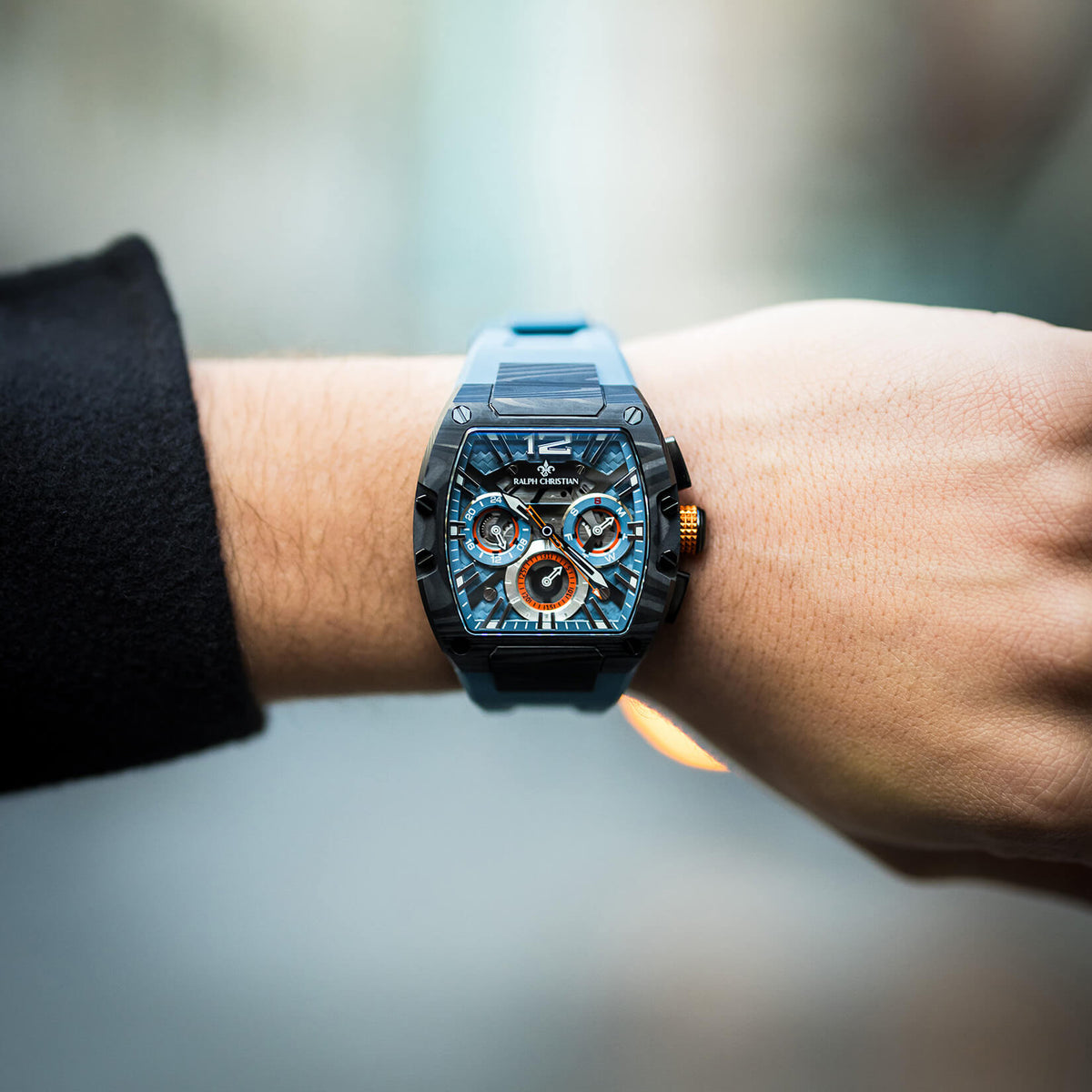 Intrepid Sport Carbon Fibre Petrol Blaze watch lifestyle shot