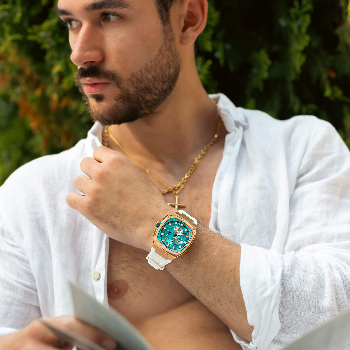 The Legacy Chrono Arctic Azure watch lifestyle shot second