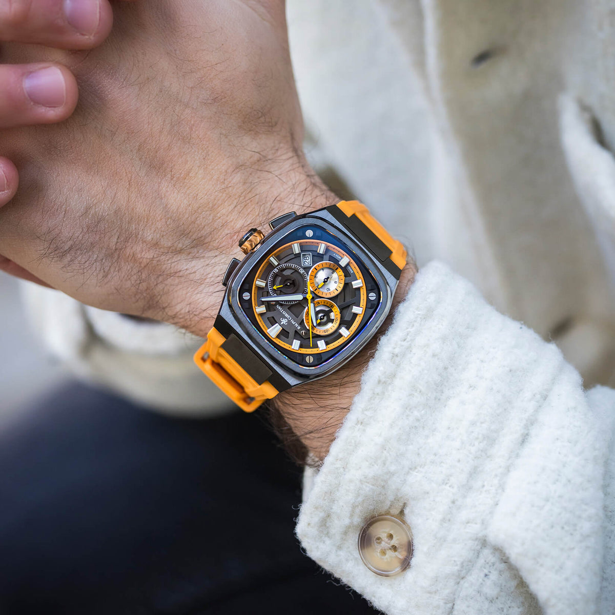 The Legacy Chrono Ember Shadow watch lifestyle shot