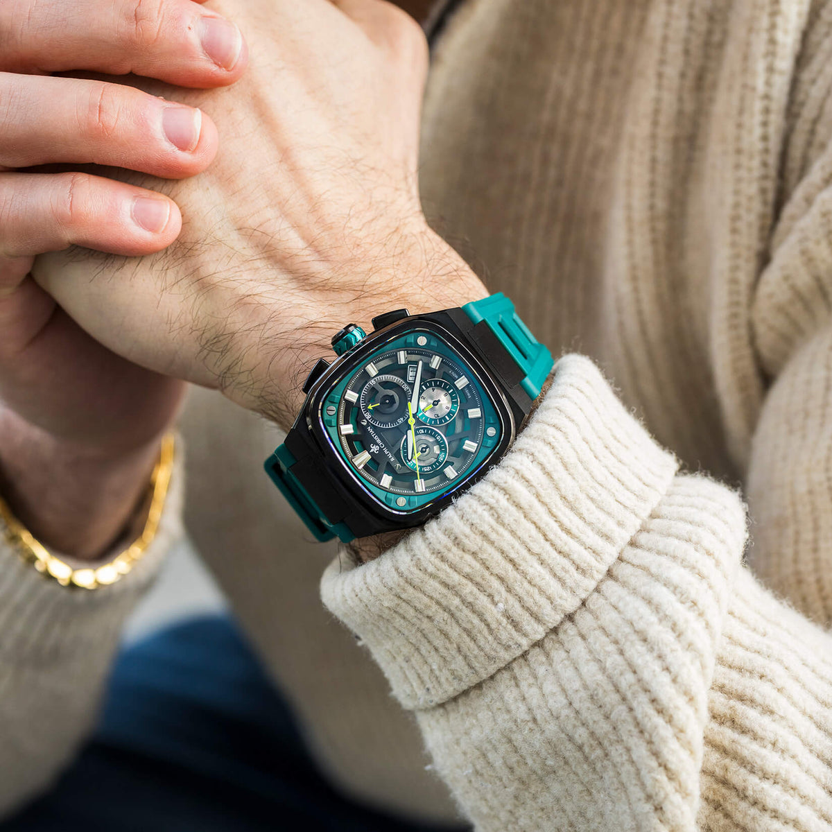 The Legacy Chrono Midnight Forest watch lifestyle shot