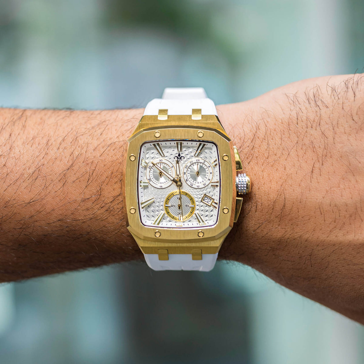 The Spectre Chrono Polar Dawn watch lifestyle shot alternate