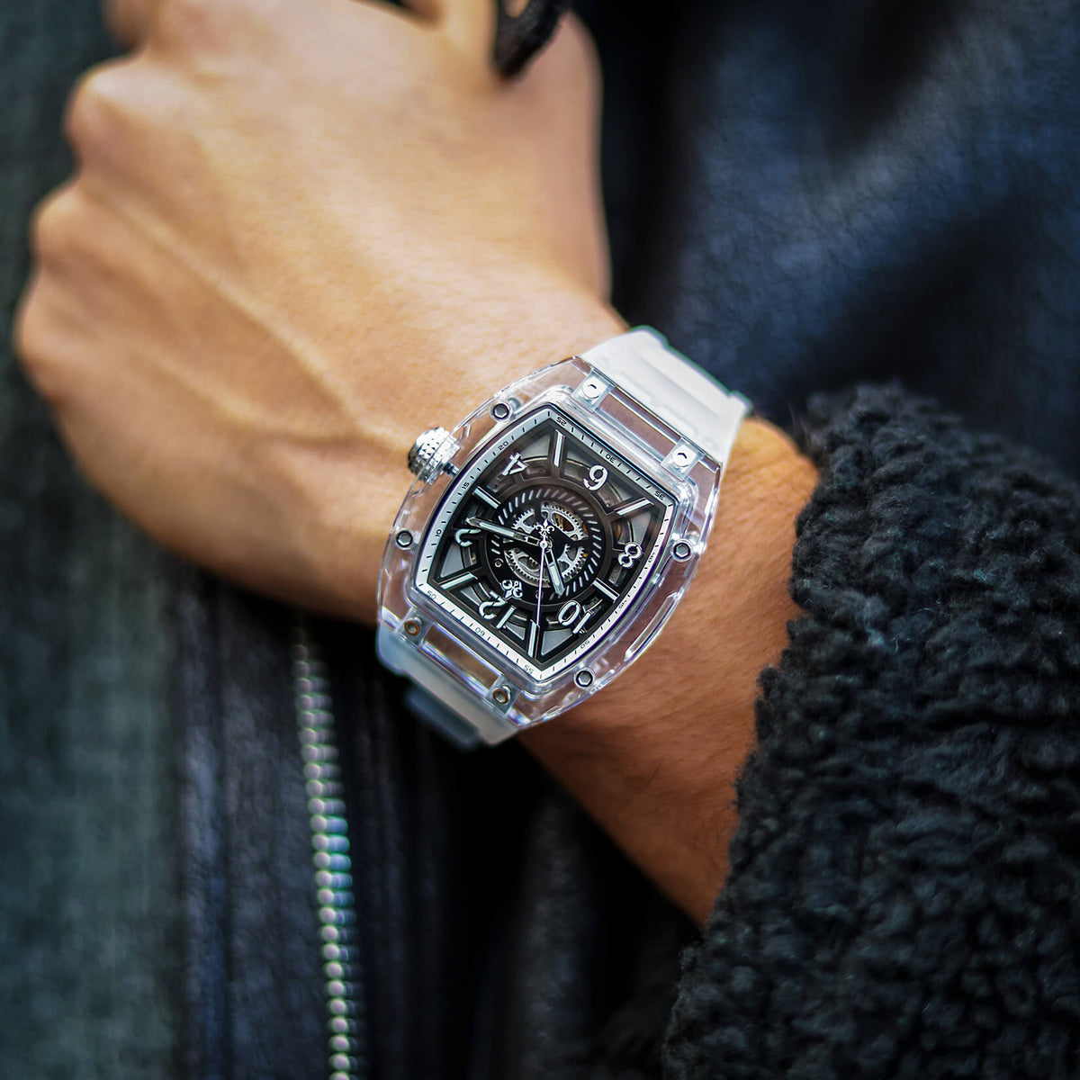 The Ghost Automatic Transparent White watch worn on the wrist angle view