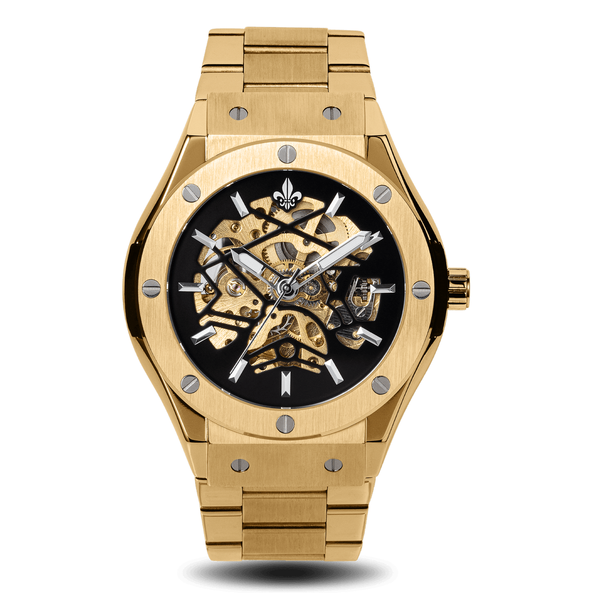 Prague Skeleton Automatic Deluxe - Gold + Gold Link Strap