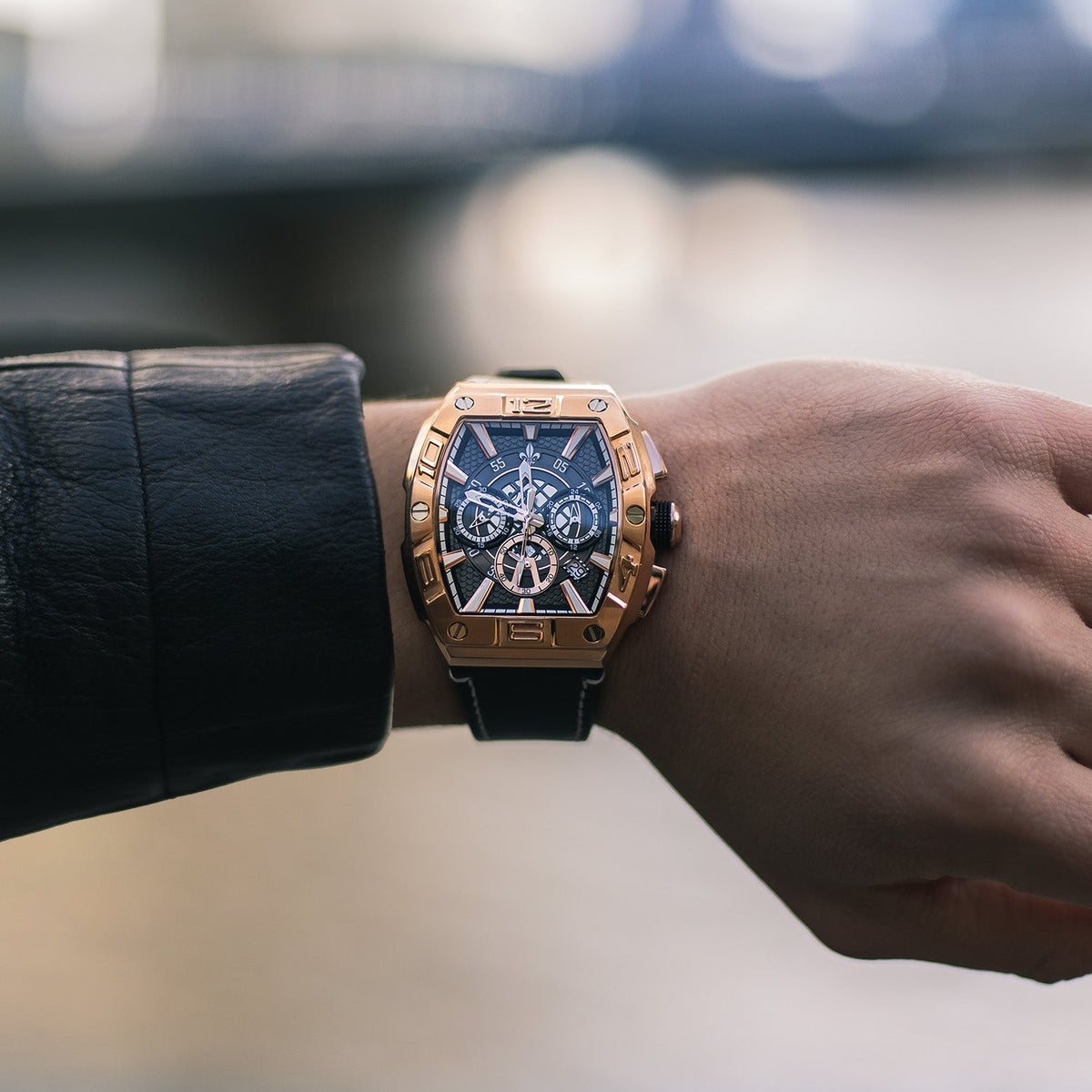 The Intrepid Chronograph Rose Gold watch lifestyle shot