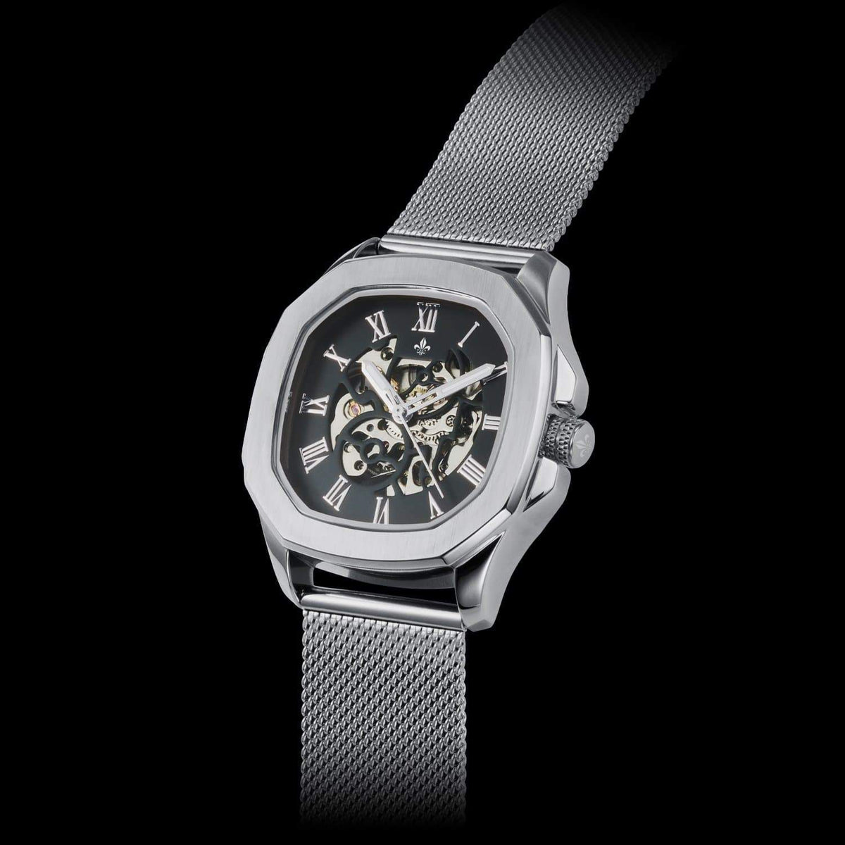 The Avalon Silver watch strap detail on black background