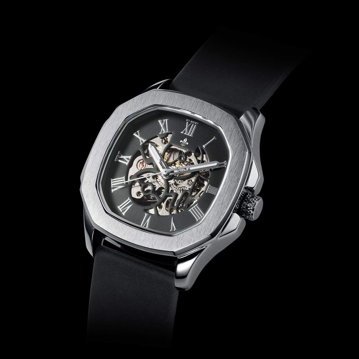 The Avalon Silver watch with black strap detail