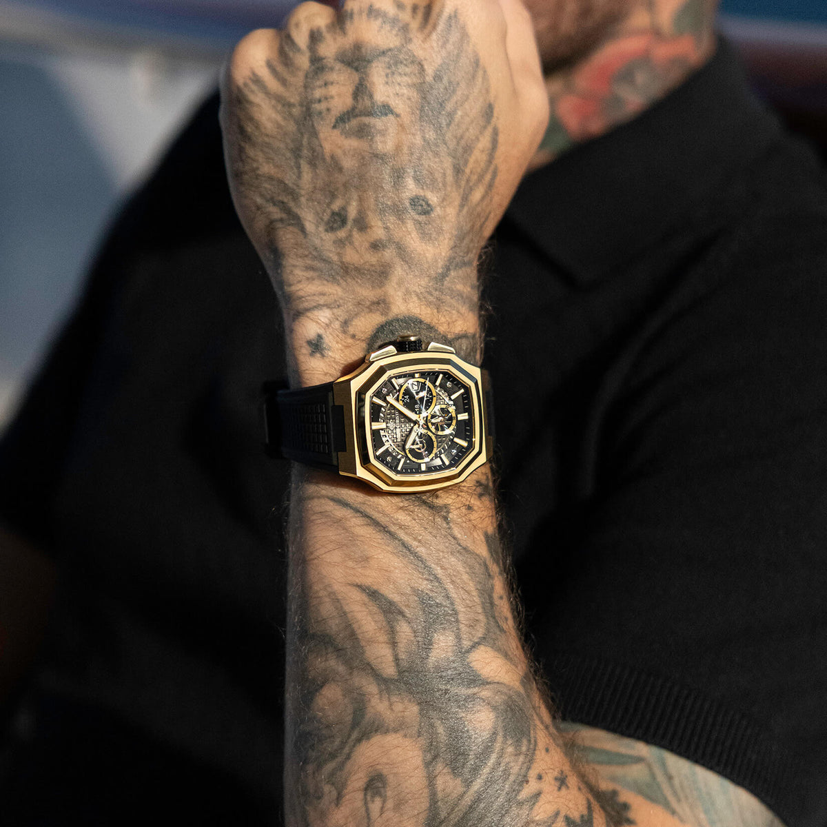 The Equinox Chrono Golden Eclipse watch lifestyle shot alternate