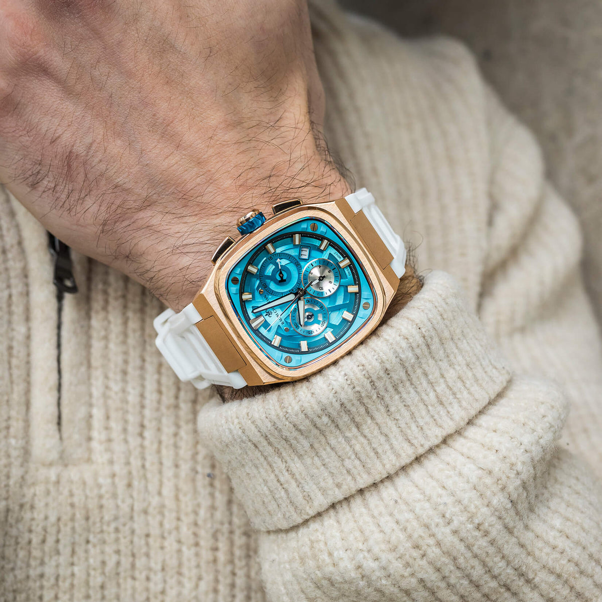 The Legacy Chrono Arctic Azure watch lifestyle shot