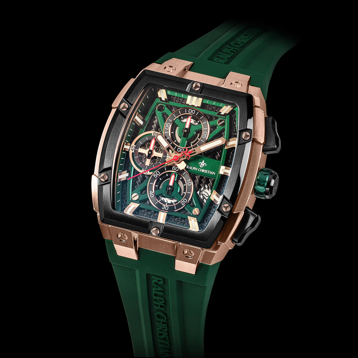 The Polaris Chrono Hunter Green watch angle view