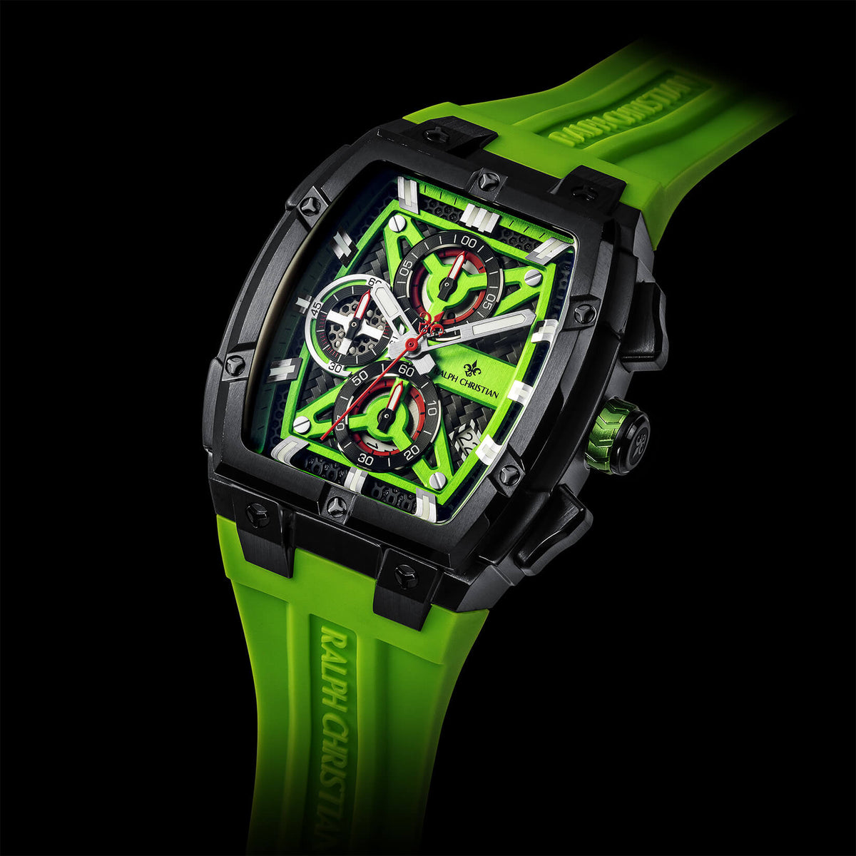 The Polaris Chrono Lime Green watch angle view