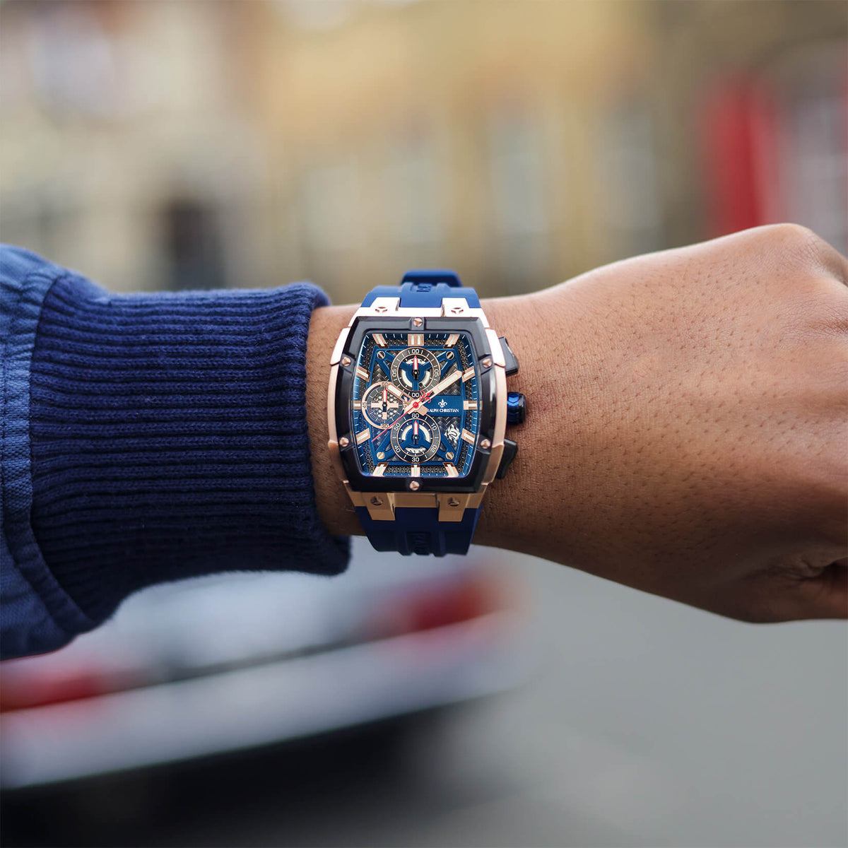 The Polaris Chrono Royal Blue watch detail shot