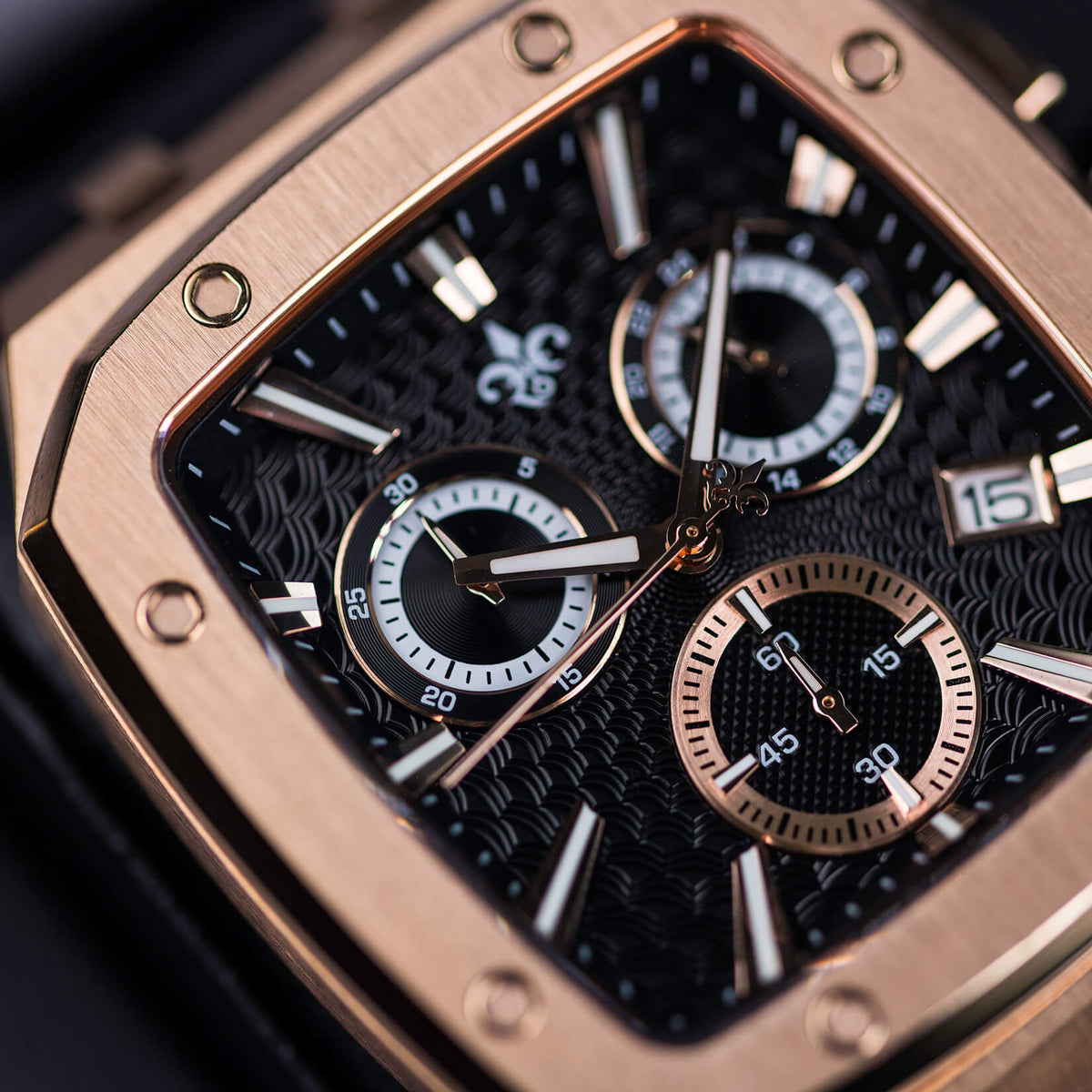 The Spectre Chrono Midnight Flame watch close-up detail