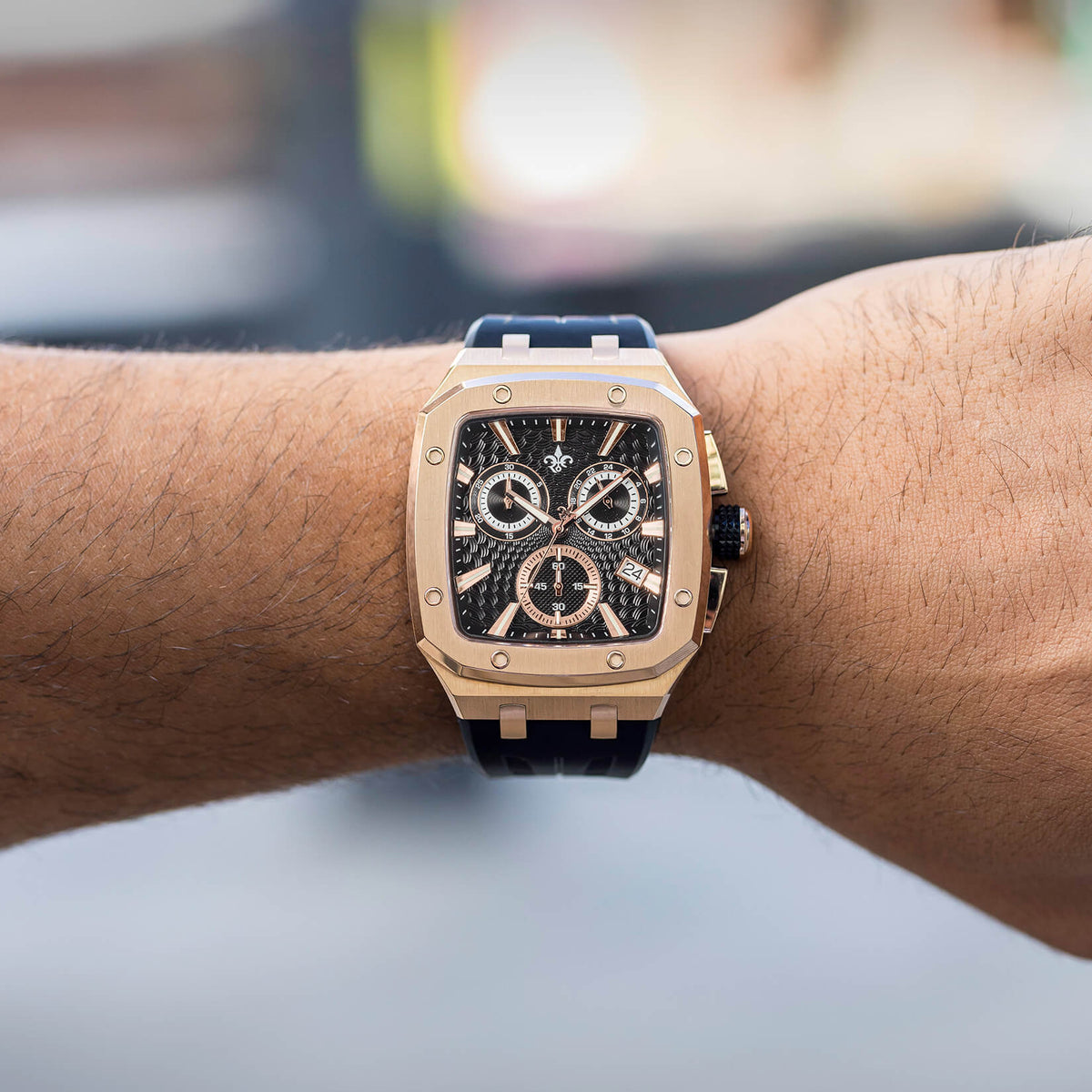 The Spectre Chrono Midnight Flame watch lifestyle shot alternate