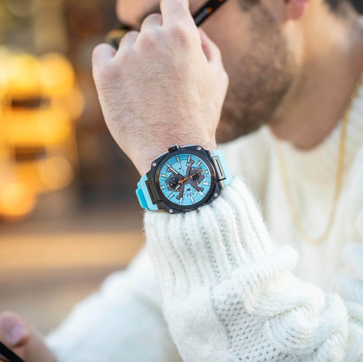The Titan Chrono Aqua Volt watch lifestyle shot alternate