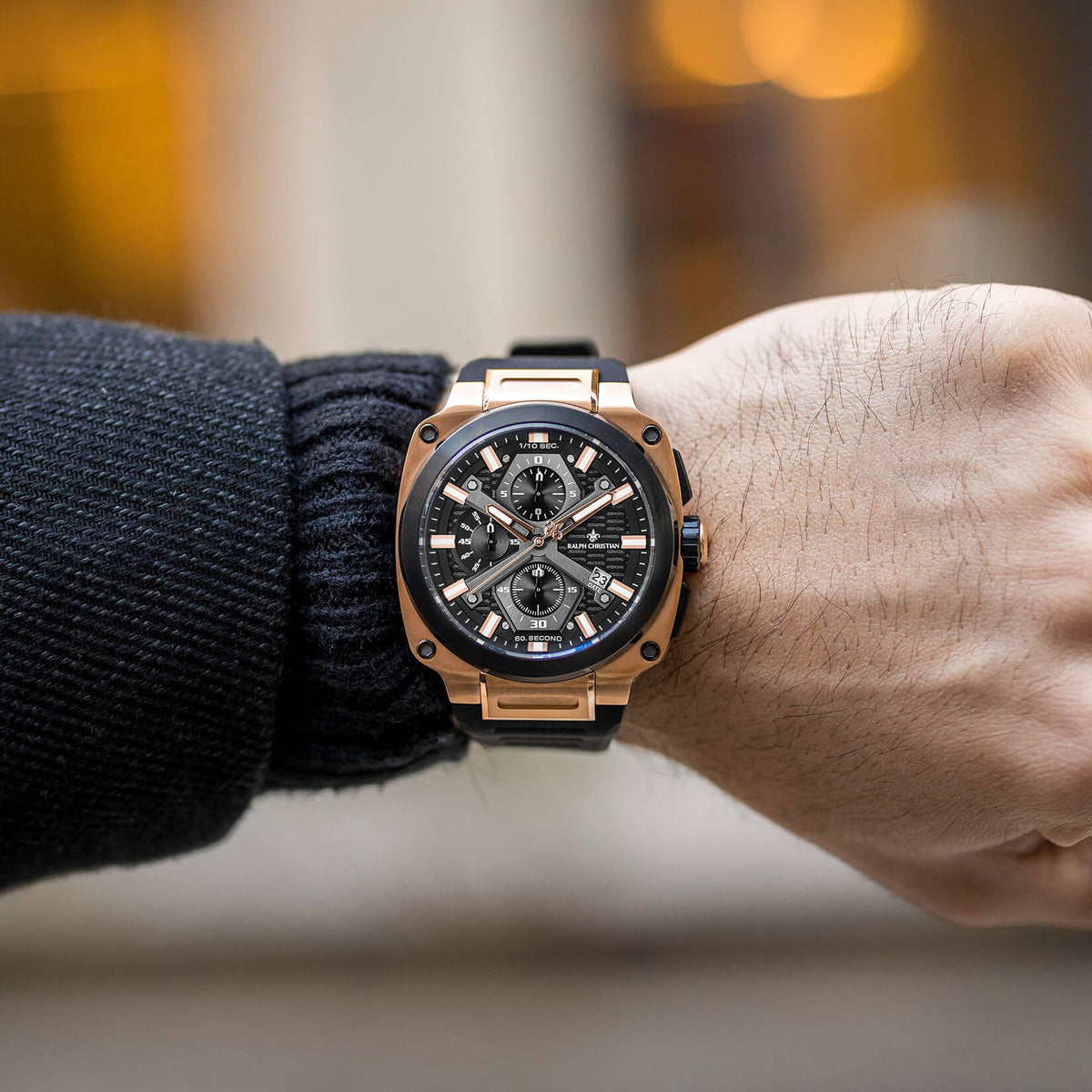 The Titan Chrono Dark Matter watch lifestyle shot